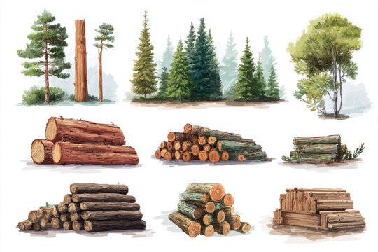 Forest pines and spruces. Log pile, logging, woodworking industry. Wide banner or panoramic wooden chests. 