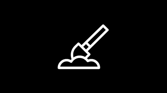 Simple white line icon of a shovel digging into the ground on a black background