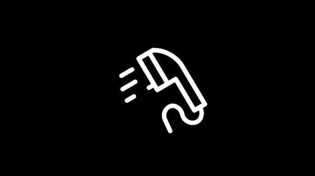 Simple white line art icon of a shower head spraying water on a black background