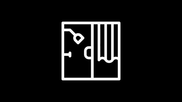 Modern shower cabin with curtain and shower head icon on black background