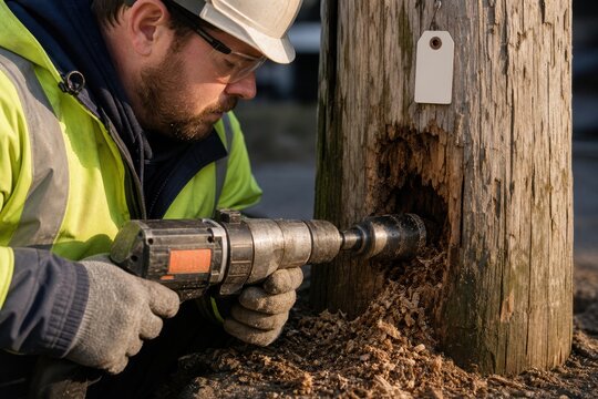 Utility pole inspector drilling wood core sample