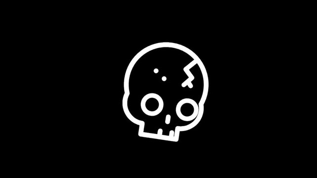 Stylized white skull icon with cracks and dots on a black background