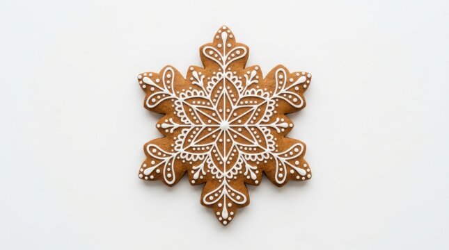 A tasty gingerbread snowflake cookie decorated with white icing and colorful sugar pearls for the christmas holiday isolated on white background