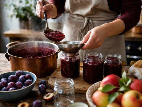 Hausgemachte Pflaumenmarmelade wird frisch gekocht und hei&szlig; in Gl&auml;ser abgef&uuml;llt. Traditionelles Einmachen mit saisonalem Obst, herbstlicher Vorratshaltung und regionaler K&uuml;che in authentischer Atmosph