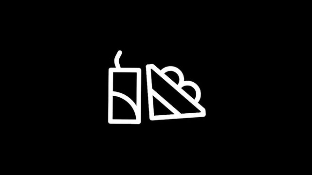 Simple line art icon of a drink and a sandwich on a black background