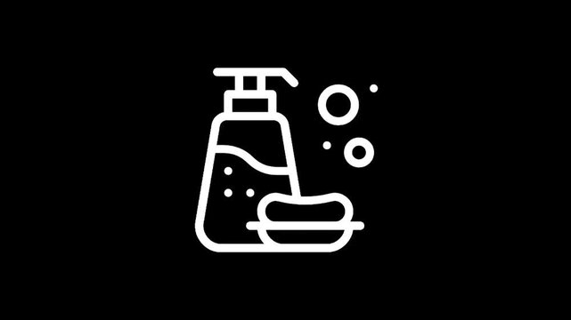 Simple line art icon of a soap dispenser and bar of soap on a dish