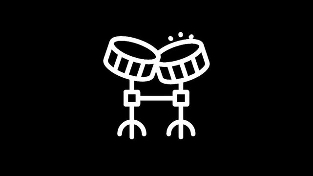 Simple white outline icon of two drums on stands against a black background