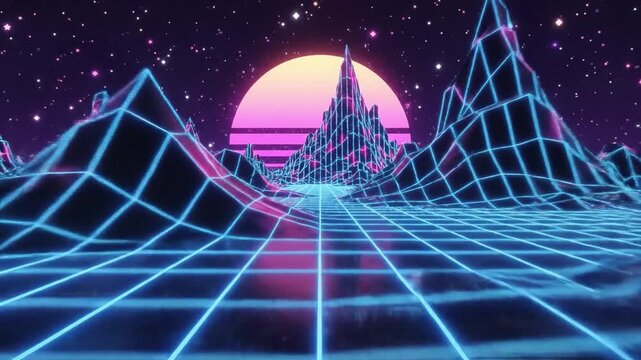 Retro synthwave landscape with neon grid mountains and sunset under a starry night sky