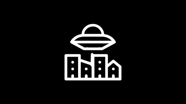 Iconic representation of a flying saucer hovering over a stylized cityscape at night