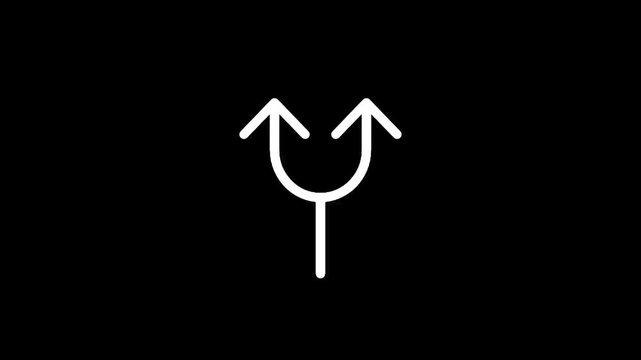 Simple white line art symbol of two arrows pointing upwards from a diverging path