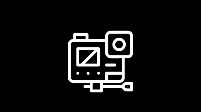 Action camera icon with lens and screen, white outline on black background