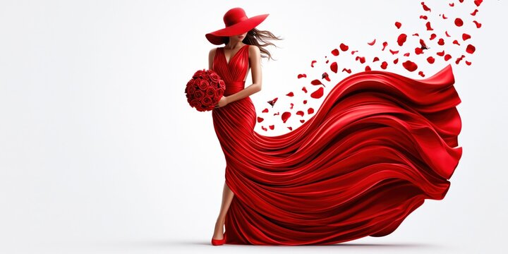 Dramatic beauty in crimson dress with floral accents