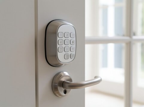 Smart lock body mounted on an interior door with a blank keypad face in a home setting during the day