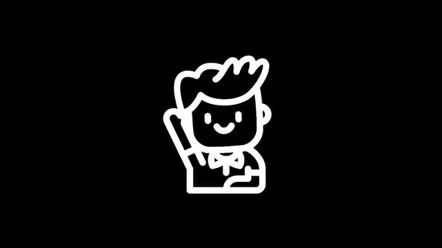 Friendly cartoon boy with a bow tie waving hello, simple white line art on black