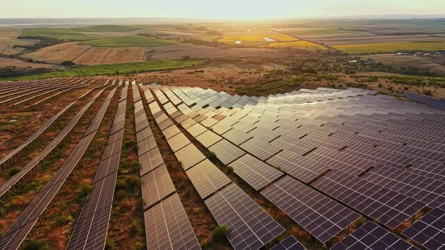 Rows of solar panels stretch across the land in a rural area. The sun sets in the background, highlighting the panels and the fields around them. Energy is gathered to support sustainability efforts.