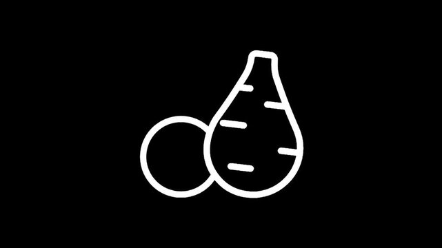 Simple line art icon of a sweet potato and a round root vegetable on a black background