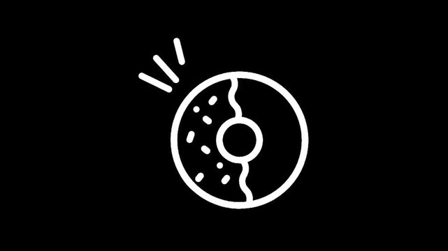 Simple white outline of a donut with sprinkles on a black background