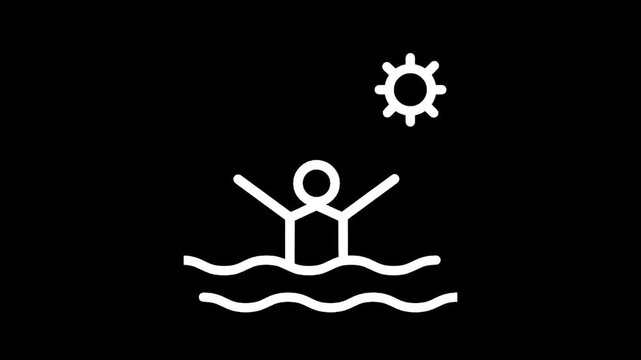 Person swimming in water with arms raised towards the sun, simple line art icon