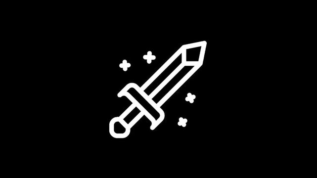 Simple white line art icon of a sword with sparkles on a black background