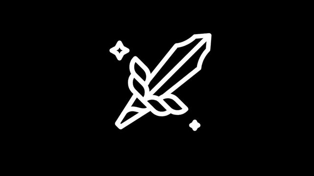 Stylized white sword icon with braided hilt and sparkling stars on a black background