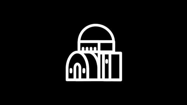 Stylized white outline of a building with a dome and arched entrance on a black background
