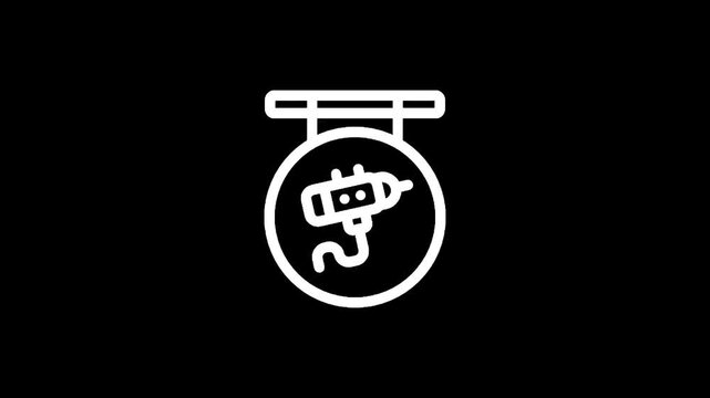 Simple white icon of a drill inside a circle on a black background