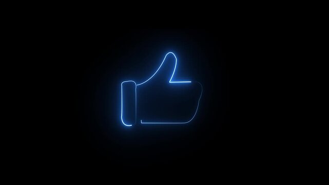 Blue glowing like button with thumb up isolated on dark background