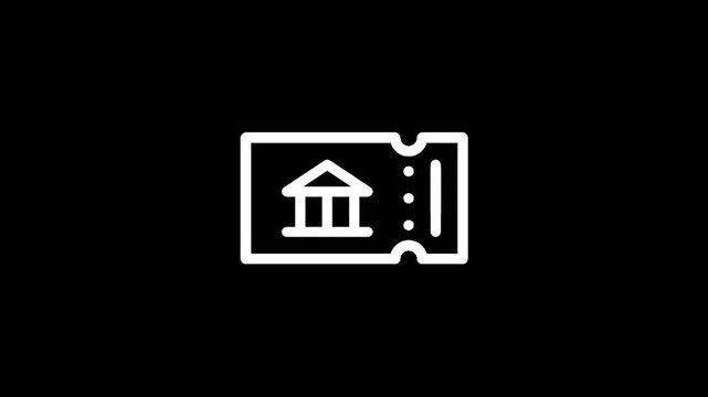 Simple white line art icon of a ticket with a building symbol on a black background