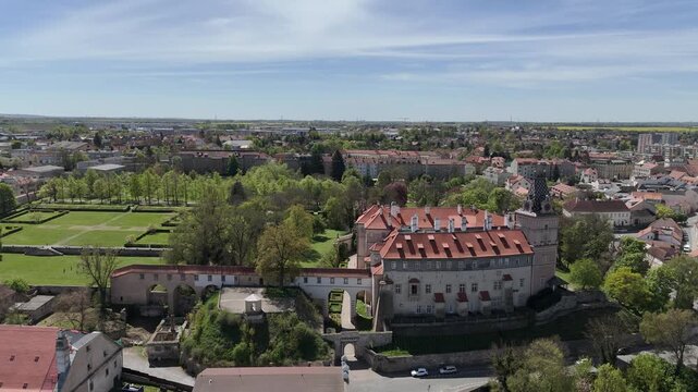 Brand&yacute;s nad Labem Castle in spring - Aerial drone view