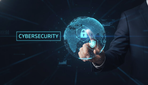 Corporate expert accessing cybersecurity interface with digital globe and lock icon for secure global data information systems.