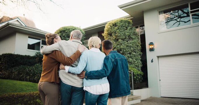 Hug, people and new home with family outdoor, property or adult siblings with senior parents. Back, daughter or son at dream house with support, embrace together or love at front yard for real estate