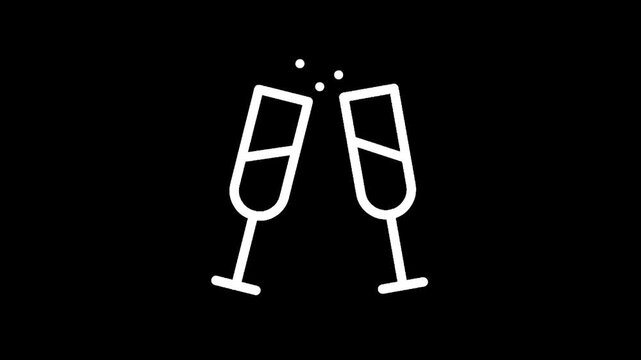 Two champagne glasses clinking together with bubbles rising, minimalist white outline on black