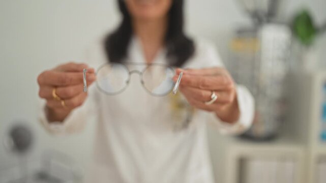 Woman optician holds eyeglasses with both hands, smiling while offering frames in an optician clinic building; professional eye care trust.