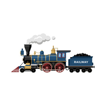 Flat vector illustration of vintage steam locomotive train