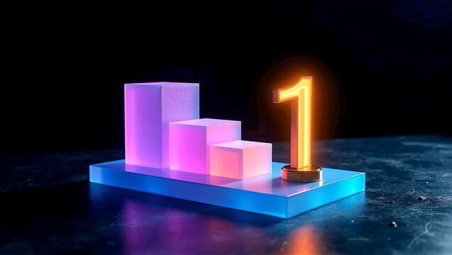 3D Glowing Neon Bar Graph with Number 1 on Top, Futuristic Concept for Business Success, Market Leadership and Top Ranking

