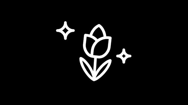 Simple white line art tulip flower with sparkling stars on black background