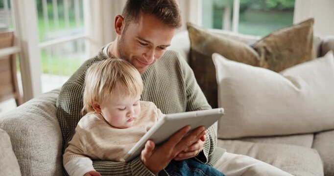 Tablet, kiss and father with baby on sofa in home with educational game for cognitive development. Digital technology, people and dad with toddler in living room for online gaming, bonding or growth