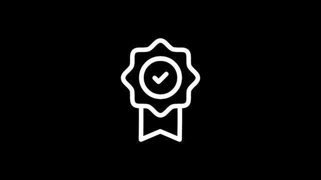 White checkmark badge icon with ribbon on black background, symbol of approval and quality