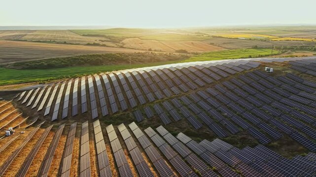 Solar panels are lined up in rows across a green field in a rural area. The sun is setting, casting light over the scene. The land is mostly flat and open.