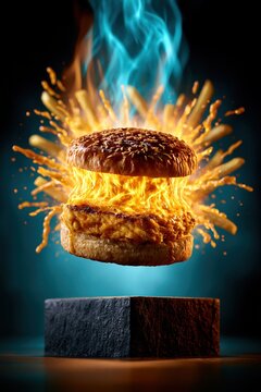 Chicken burger floating above pedestal with fries and sauce explosion, dramatic lighting