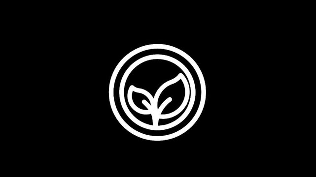 Minimalist white sprout icon inside a circle on a black background, representing growth and nature