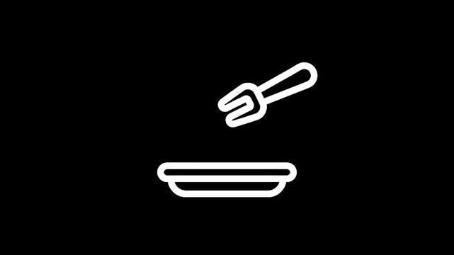 Simple white icon of a fork hovering over a plate on a black background