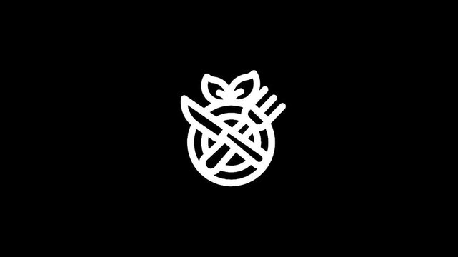 Minimalist white icon of a plate with crossed fork and knife and leaves on a black background