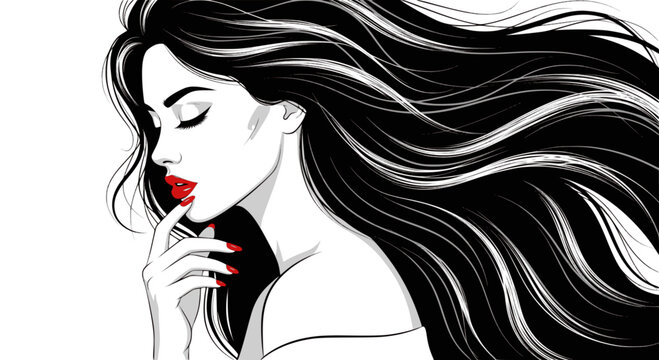 Beautiful sexy face, red lips, hand with red manicure nails, fashion woman, element design, nails studio, curly hairstyle, hair salon sign, icon. Beauty Logo. SVG version.