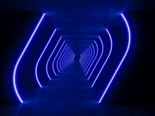 Obraz premium Blue modern lighting tunnel space, 3d rendering sci-fi concept