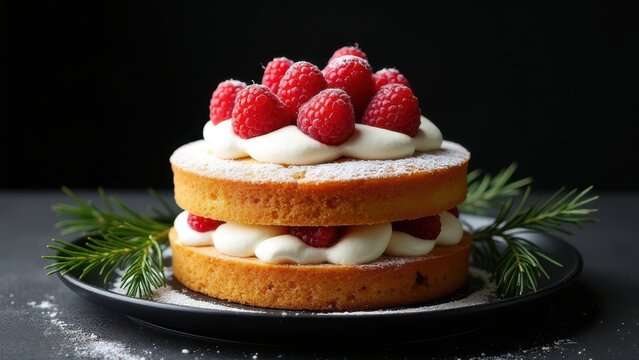 photorealistic festive sponge cake with raspberries cream and pine branches on black plate for holiday advertising