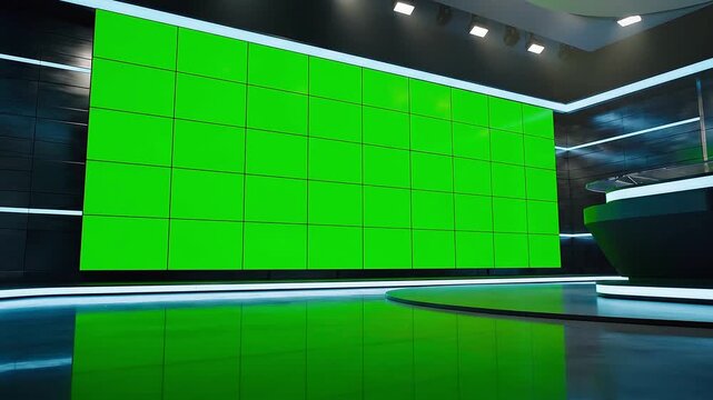 News studeo video wall with Multiple TV Screens green screen background for broadcast studio monitor technology chroma key blank