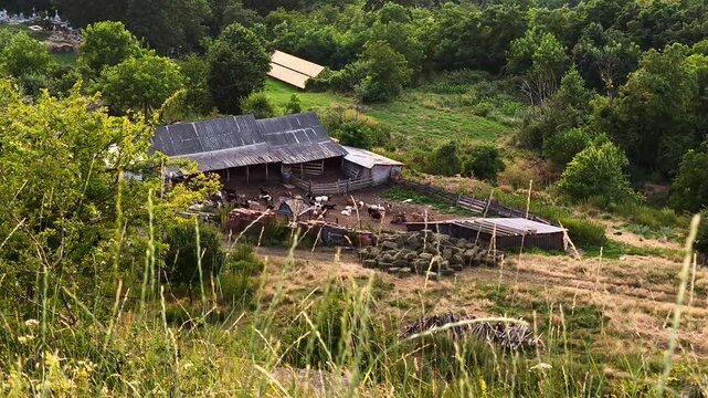 An aerial view of a traditional sheepfold and farmyard in the scenic rural hills of Iasi, Romania. Ideal for pastoral and agricultural themes.