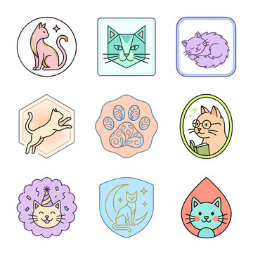 Colorful set of nine cat themed icons and sticker badges in various illustrative styles including geometric line art and cute cartoons for pet branding and graphic design