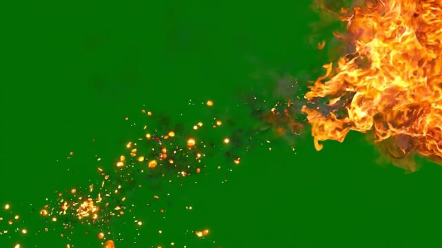 Dynamic animated fire blast explosion on vibrant green background in 4K resolution